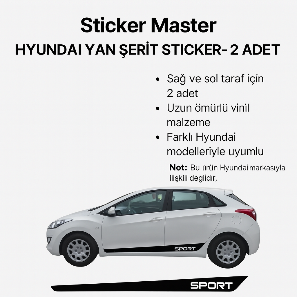 Sticker Master Hyundai Yan Şerit Sticker – 2 Adet Sağ ve Sol Gövde Sport Şerit Etiket