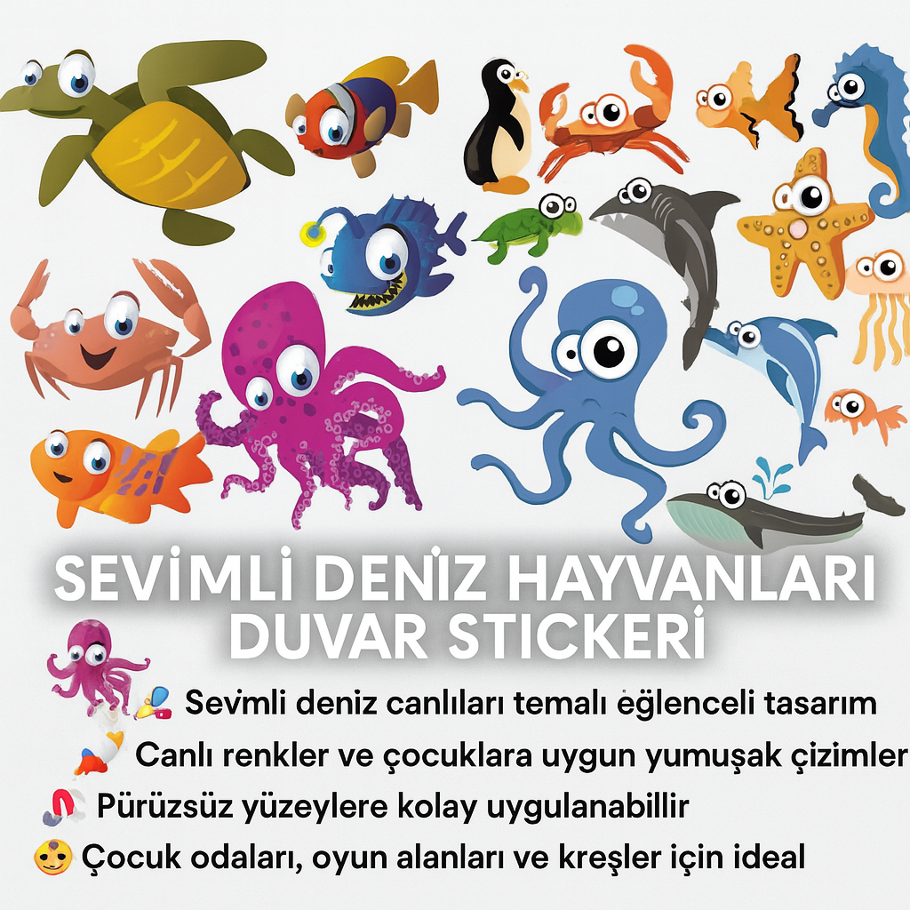 Sticker Master Sevimli Deniz Hayvanları Duvar Sticker Seti – Çocuk Odası Dekoru