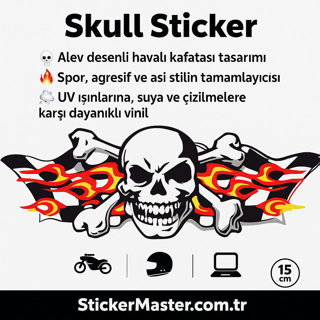 Sticker Master Skull Alevli Kafatası Sticker - Motor, Kask, Laptop, Araba ve Oto Araç İçin Dayanıklı Etiket (15 cm)