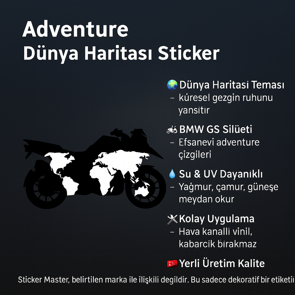 Sticker Master BMW GS Dünya Haritası Silüet Motosiklet Sticker Etiket Decal