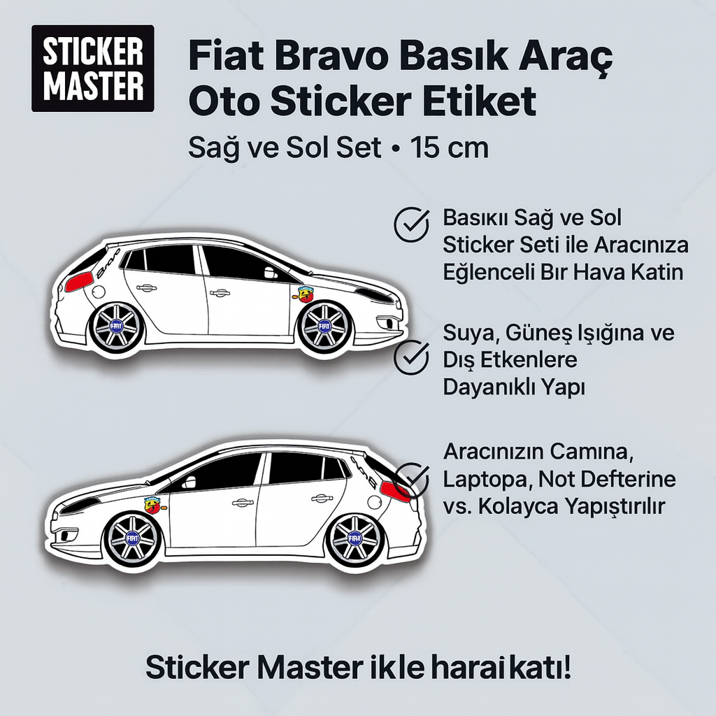 Sticker Master Fiat Bravo Basık Araç Oto Sticker Etiket - Sağ ve Sol Set - 15 Cm