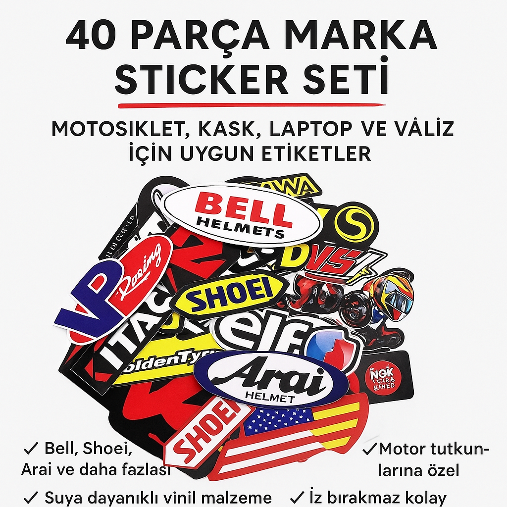 Sticker Master 40 Parça Marka Sticker Seti – Motosiklet, Kask, Laptop ve Valiz için Uygun Etiketler