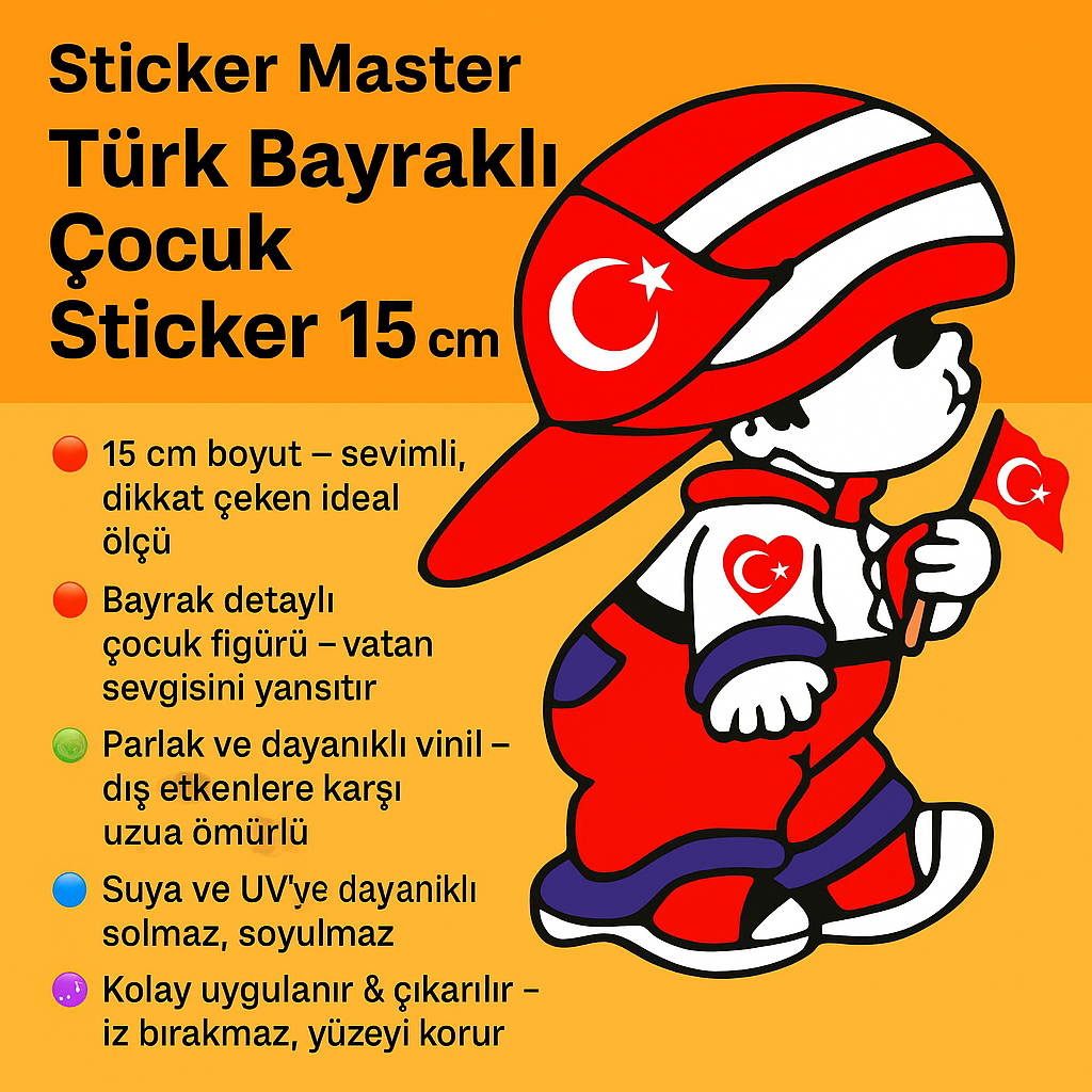Sticker Master – Türk Bayraklı Çocuk Sticker 15 cm | Milli Ruhun Sevimli Hali