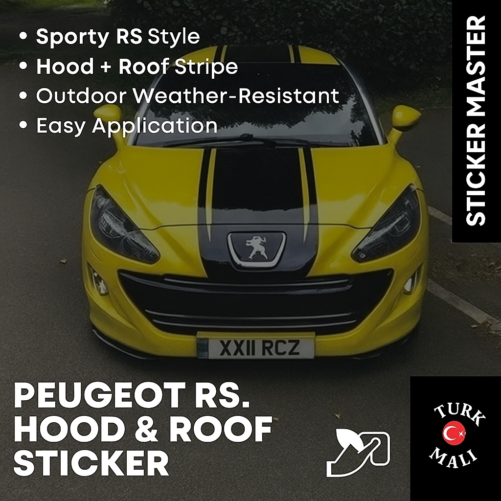 Sticker Master Peugeot RS Ön Kaput & Tavan Sticker – Siyah Çift Şerit Dekor (Tüm Gövde Boyu)