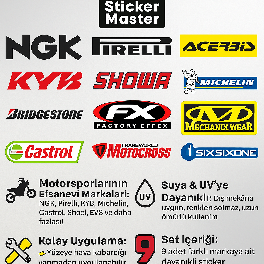 Sticker Master Sponsor Sticker Set 9 – Motor, Kask, Laptop, Araba, Oto Araç İçin Dayanıklı Etiket Decal