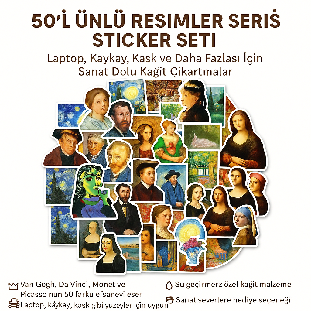 Sticker Master 50’li Ünlü Resimler Sanat Serisi Sticker Seti Laptop, Kaykay, Kask ve Daha Fazlası İçin Sanat Dolu Kağıt Çıkartmalar
