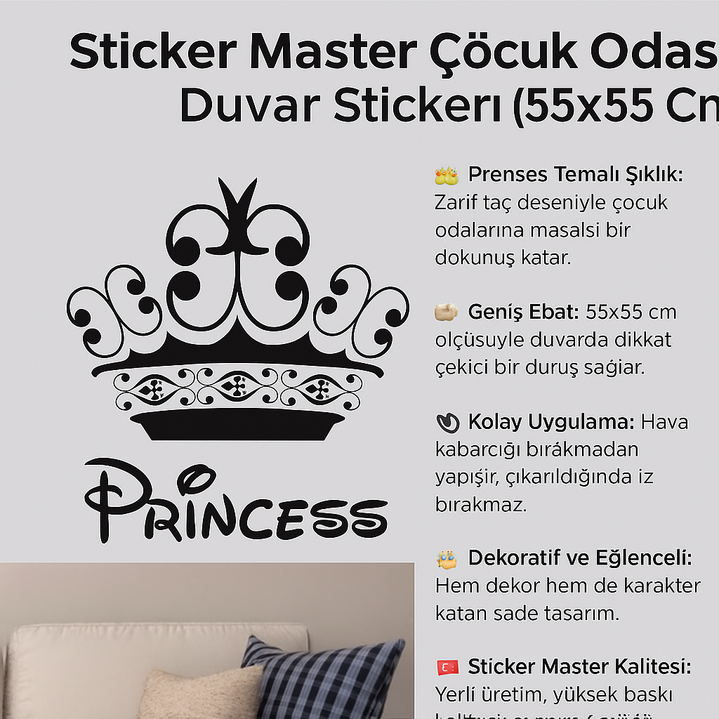 Sticker Master Princess Çocuk Odası Duvar Stickerı – Taç Tasarımlı Siyah Etiket (55x55 Cm)