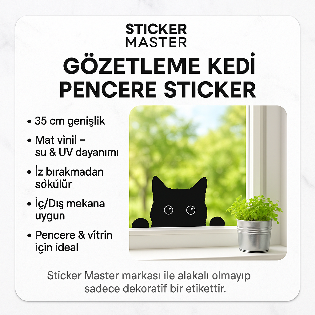 Sticker Master Gözetleme Kedi Pencere Sticker – Sevimli 35 cm Siyah Vinil Dekoratif Etiket