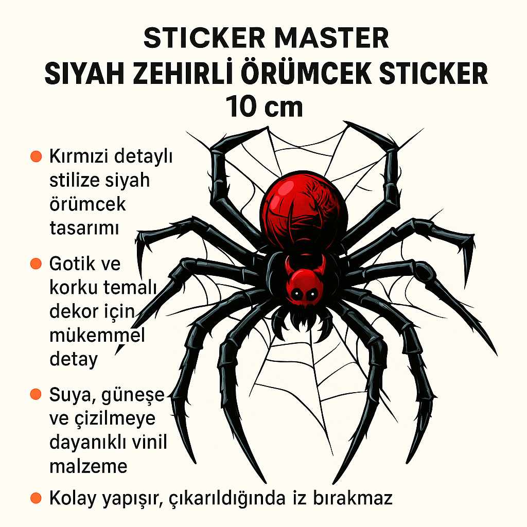 Sticker Master Siyah Zehirli Örümcek Çıkartması - Karikatür Korku Tasarımı - 10 cm Vinil Çıkartma