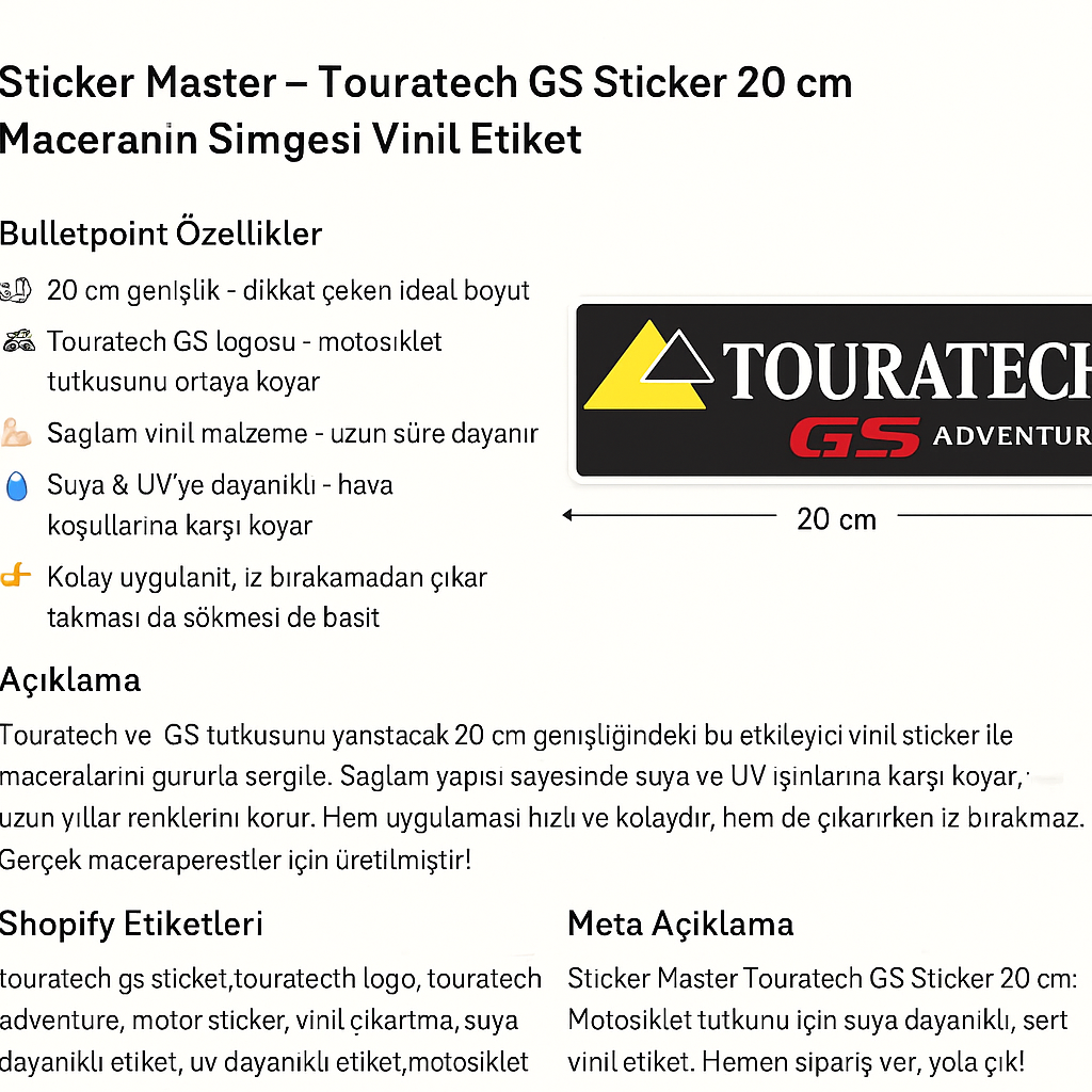 Sticker Master – Touratech GS Adventure Sticker 20 cm | Motosiklet Ruhunu Yansıt!