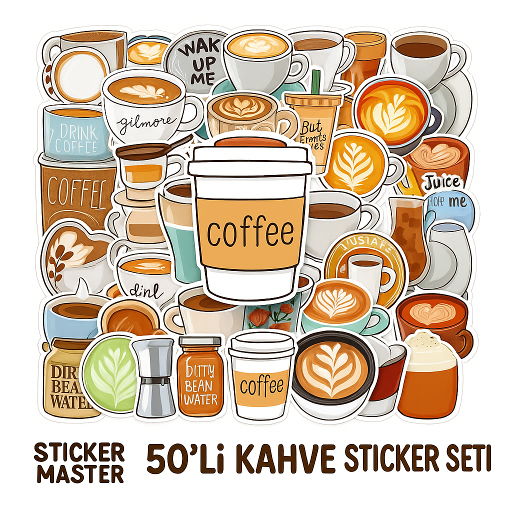 Sticker Master 50’li Kahve Temalı Sticker Seti – Su Geçirmez Kawaii Vinyl Çıkartmalar (Laptop, Defter, Kaykay, Bisiklet, Bavul) | 14+