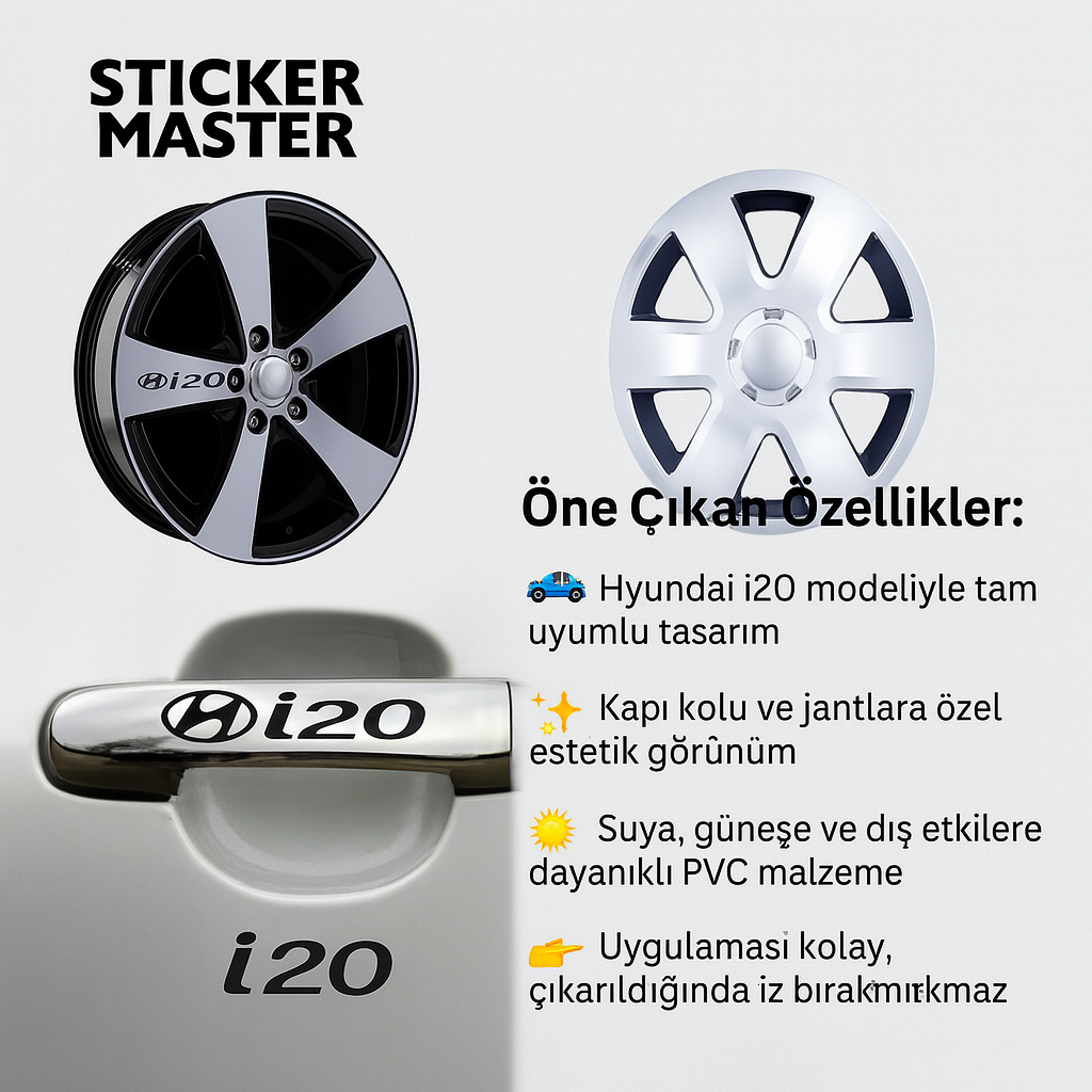Sticker Master Hyundai i20 Kapı Kolu ve Jant Sticker Seti – 10 Adet