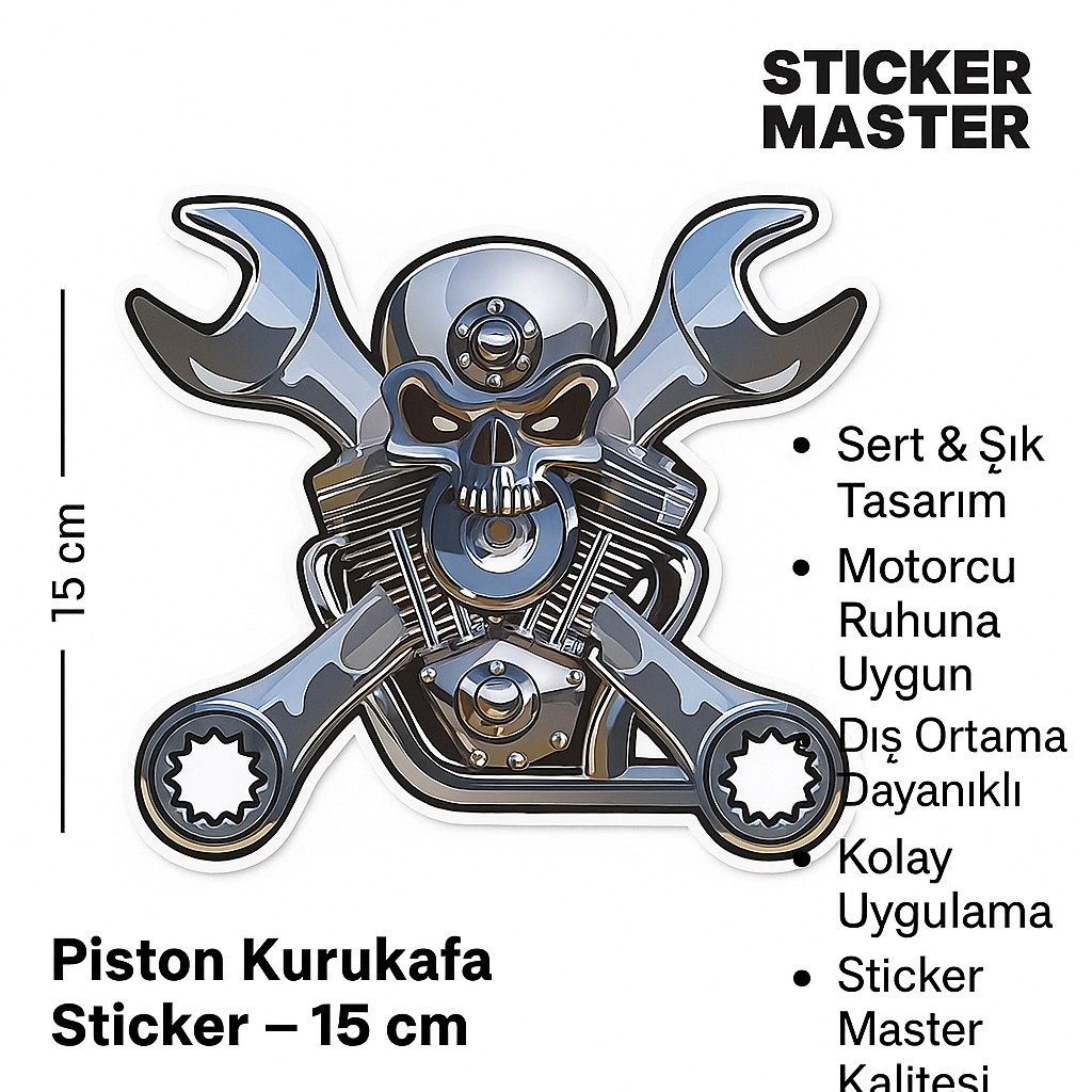 Sticker Master Piston Kurukafa Sticker – 15 Cm Motorcu Temalı Araba & Kask Etiketi