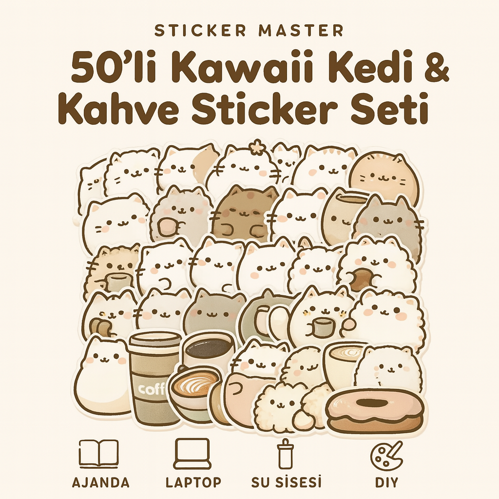 Sticker Master 50’li Kawaii Kedi & Kahve Sticker Seti Planlayıcılar, Laptoplar, Su Şişeleri ve DIY Defterler İçin Sevimli Çıkartmalar