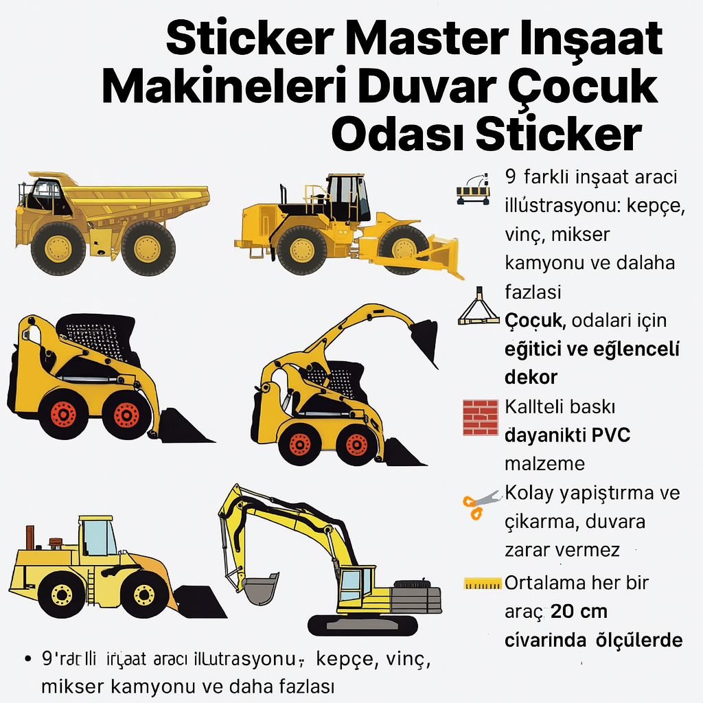 Sticker Master İnşaat Makineleri Duvar Çocuk Odası Sticker | Ev Dekorasyonu Etiket