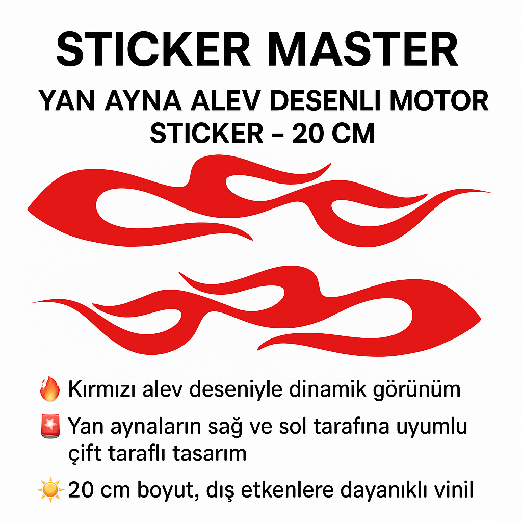 Sticker Master Yan Ayna Alev Desenli Motor Sticker – 20 cm (Çift Taraflı)