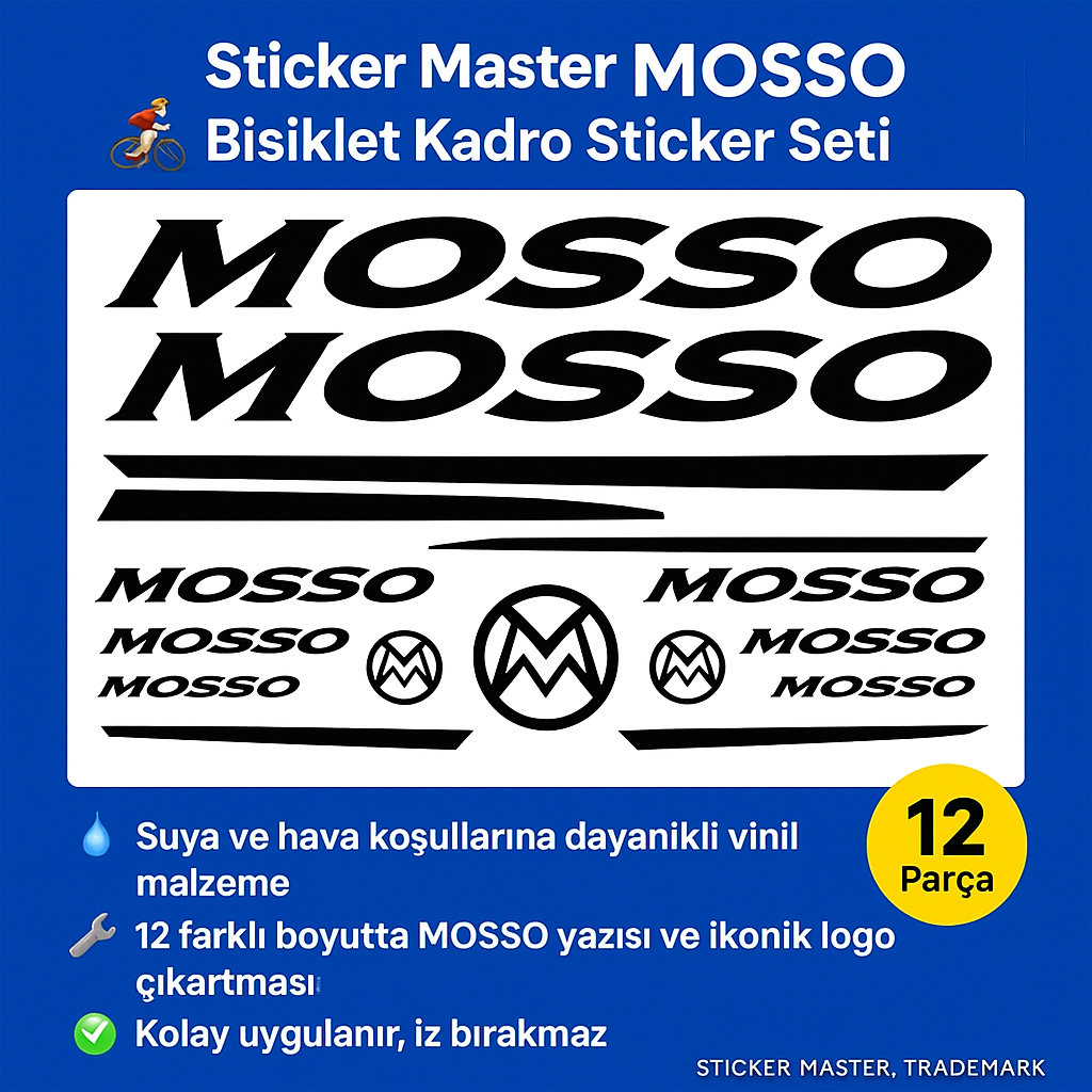 Sticker Master Mosso Bisiklet Kadro Sticker Seti – Su Geçirmez Vinil Etiketler (12 Parça)