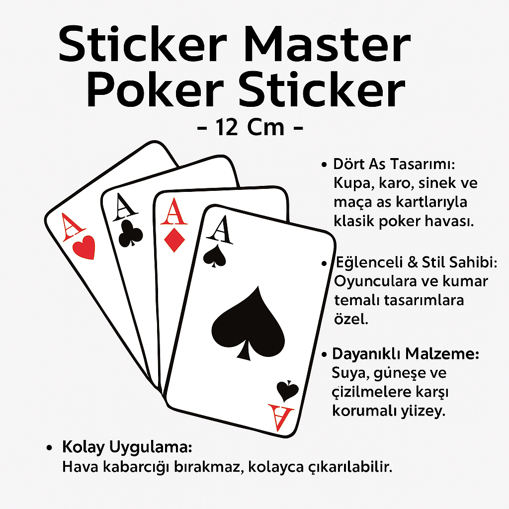 Sticker Master Poker Sticker – 12 Cm Dört As Kart Tasarımlı Eğlenceli Etiket