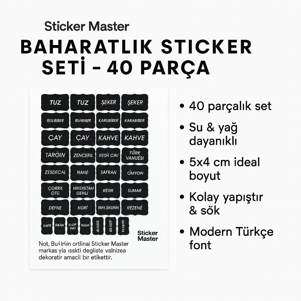 Sticker Master Baharatlık Sticker Seti – 40 Parça Su-&-Yağ Dayanıklı Kavanoz Etiketi
