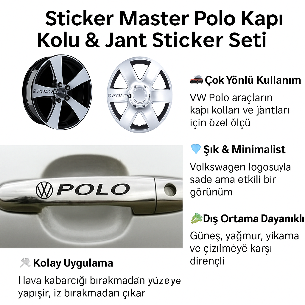Sticker Master Polo Kapı Kolu & Jant Sticker Seti – VW Uyumlu Araç Etiketi (10 Adet)