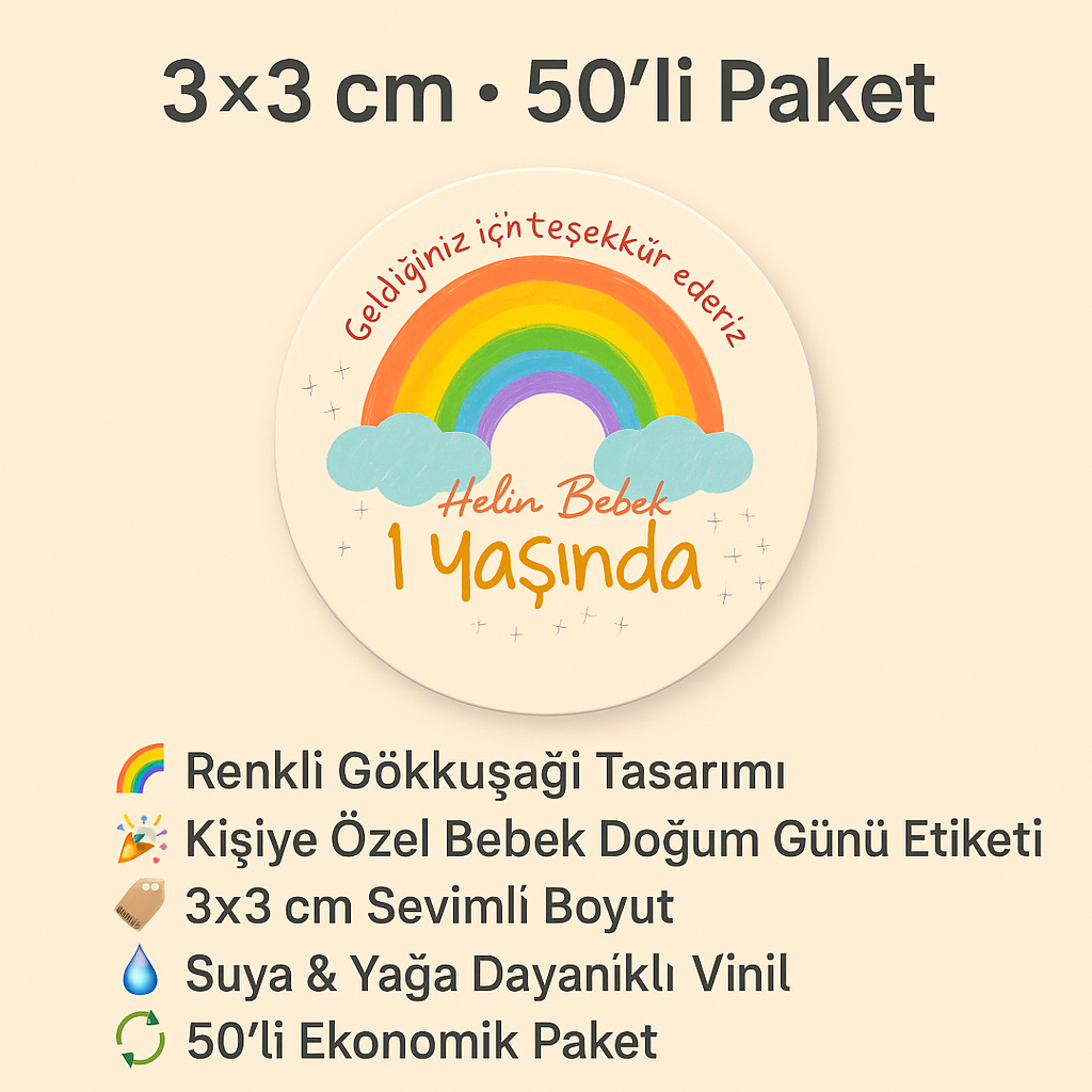 Sticker Master Kişiye Özel “1 Yaşında” Gökkuşağı Sticker – 3 × 3 cm (50’li Paket)