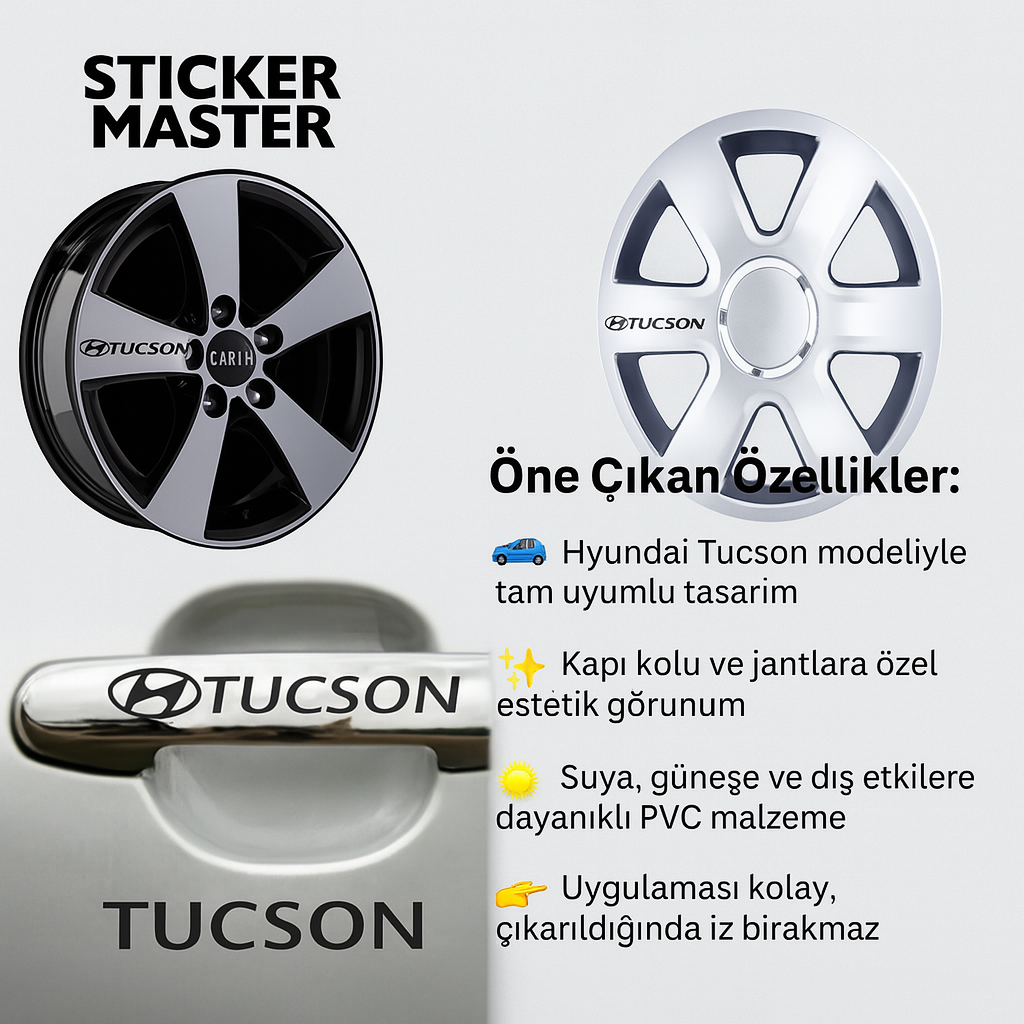 Sticker Master Hyundai Tucson Kapı Kolu ve Jant Sticker Seti – 10 Adet