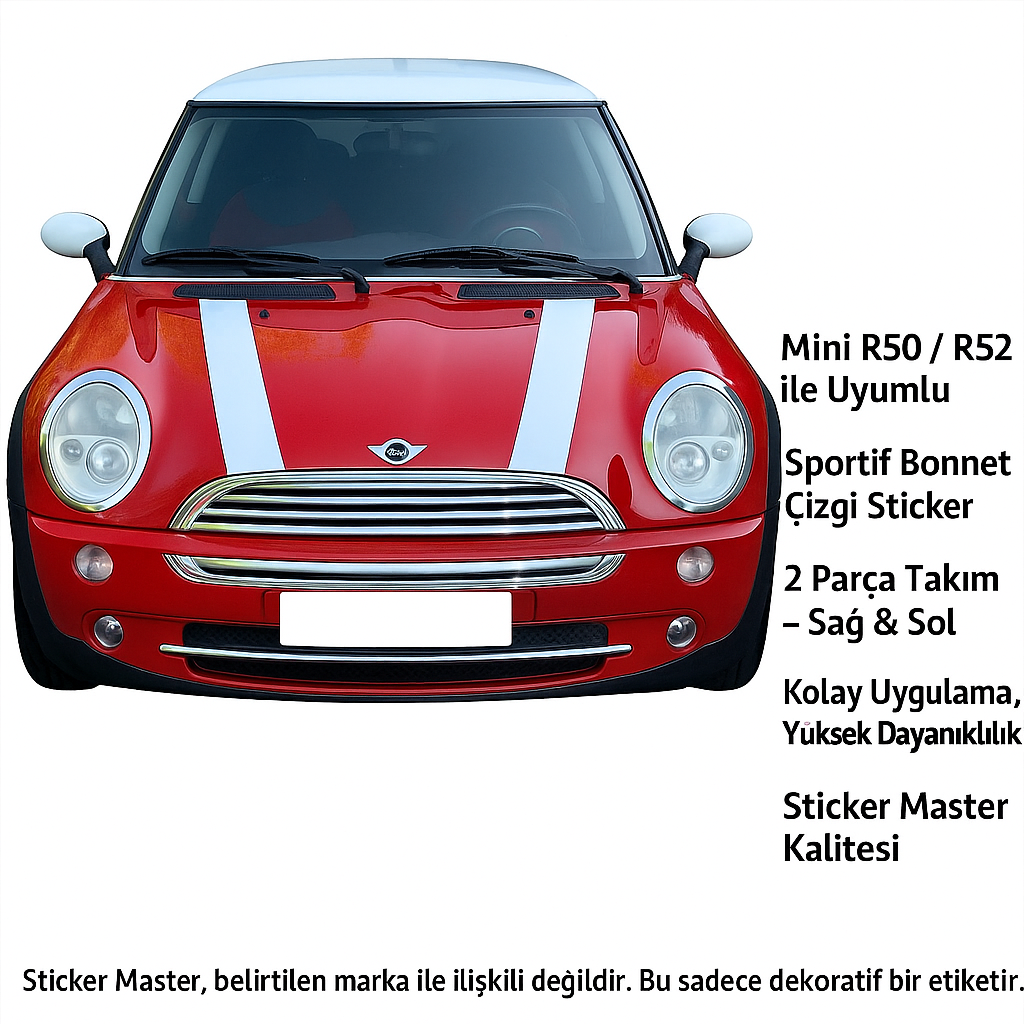 Sticker Master Mini R50 / R52 Cooper Bonnet Stripes Ön Şerit Sticker Etiket - 2 Parça
