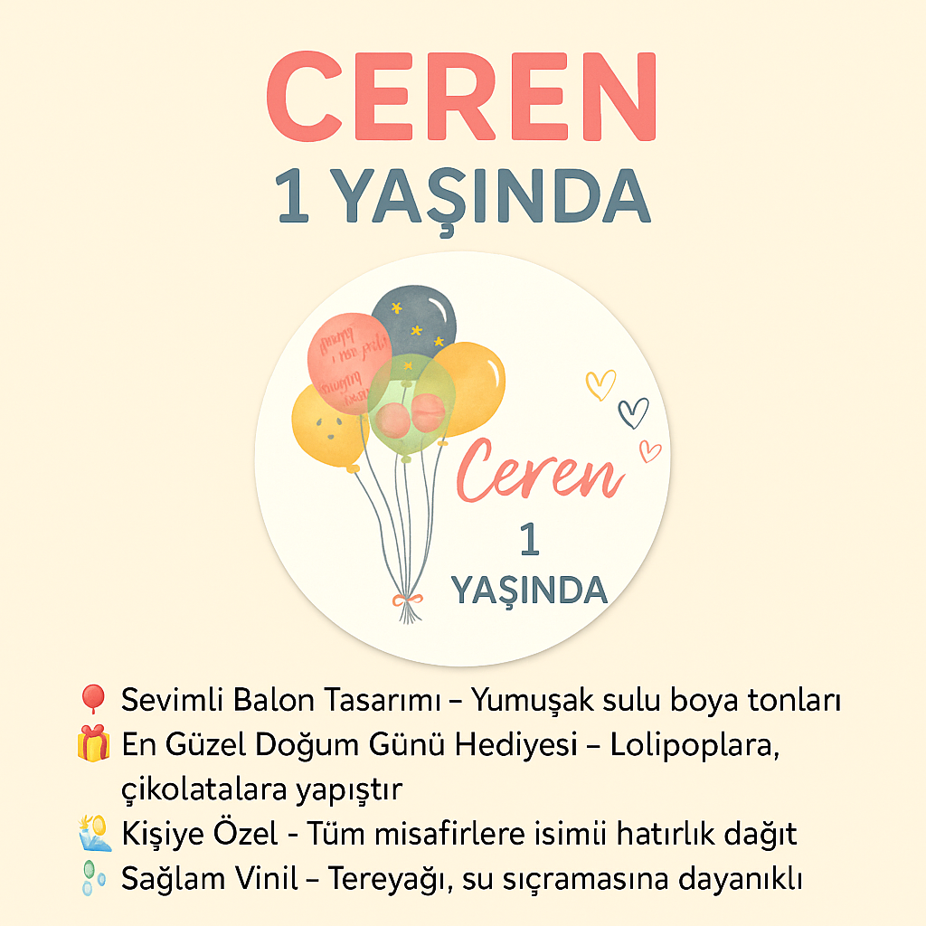 Sticker Master –  1 Yaşında Balon Temalı Doğum Günü Sticker 3 × 3 cm (50’li)