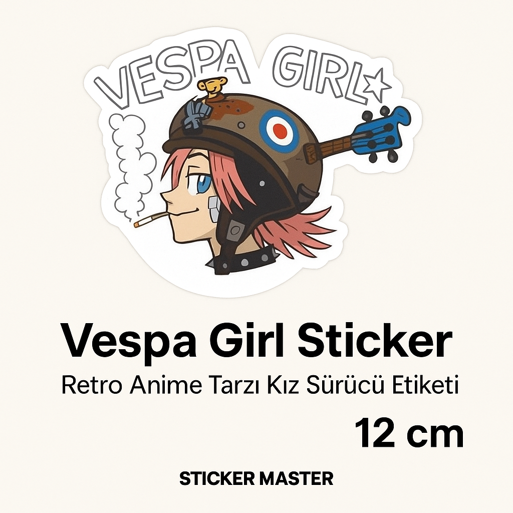 Sticker Master Vespa Girl Sticker – 12 cm Retro Anime Tarzı Kız Sürücü Etiketi