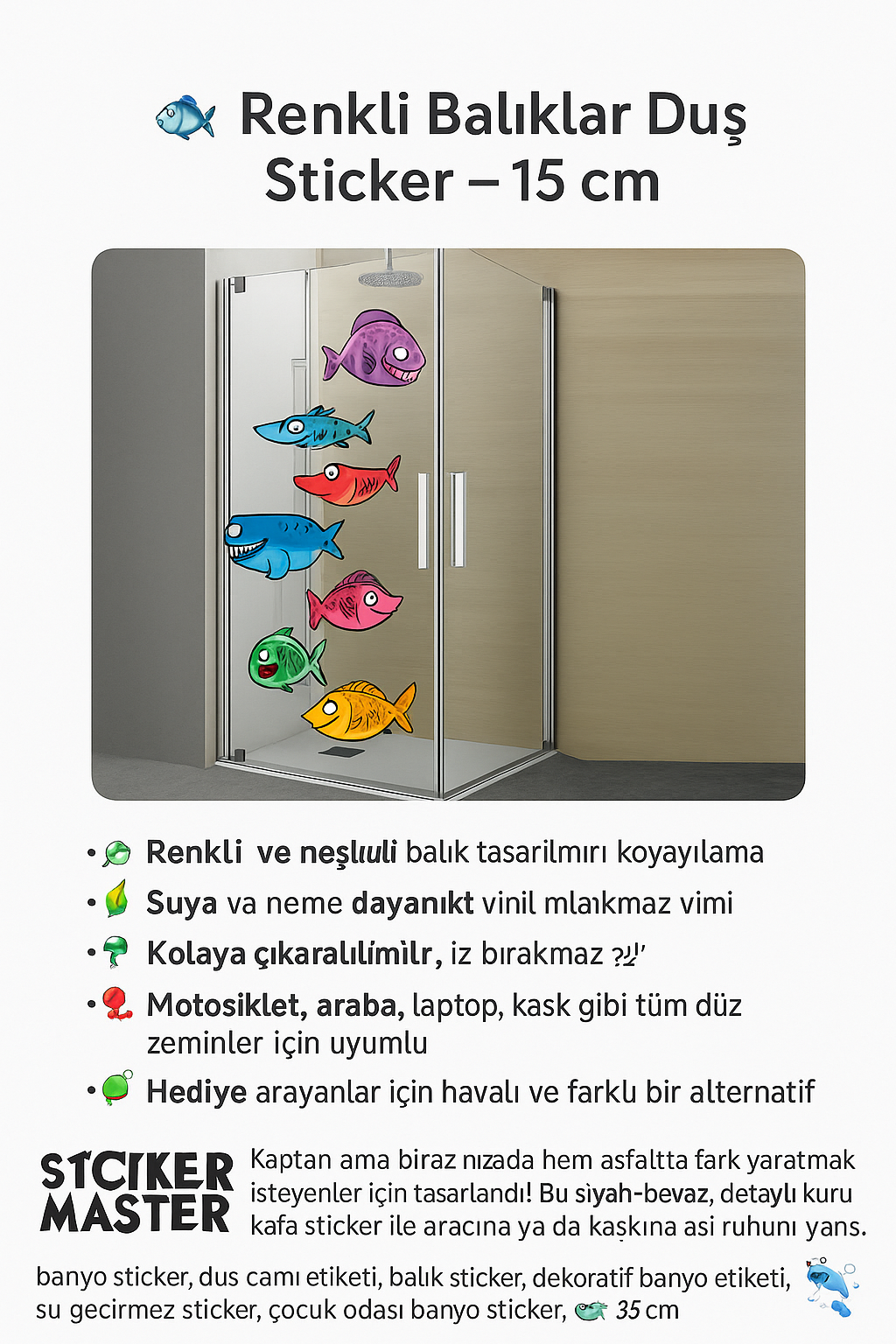 Sticker Master Komik Balıklar Duşakabin ve Banyo Etiket Çıkartma