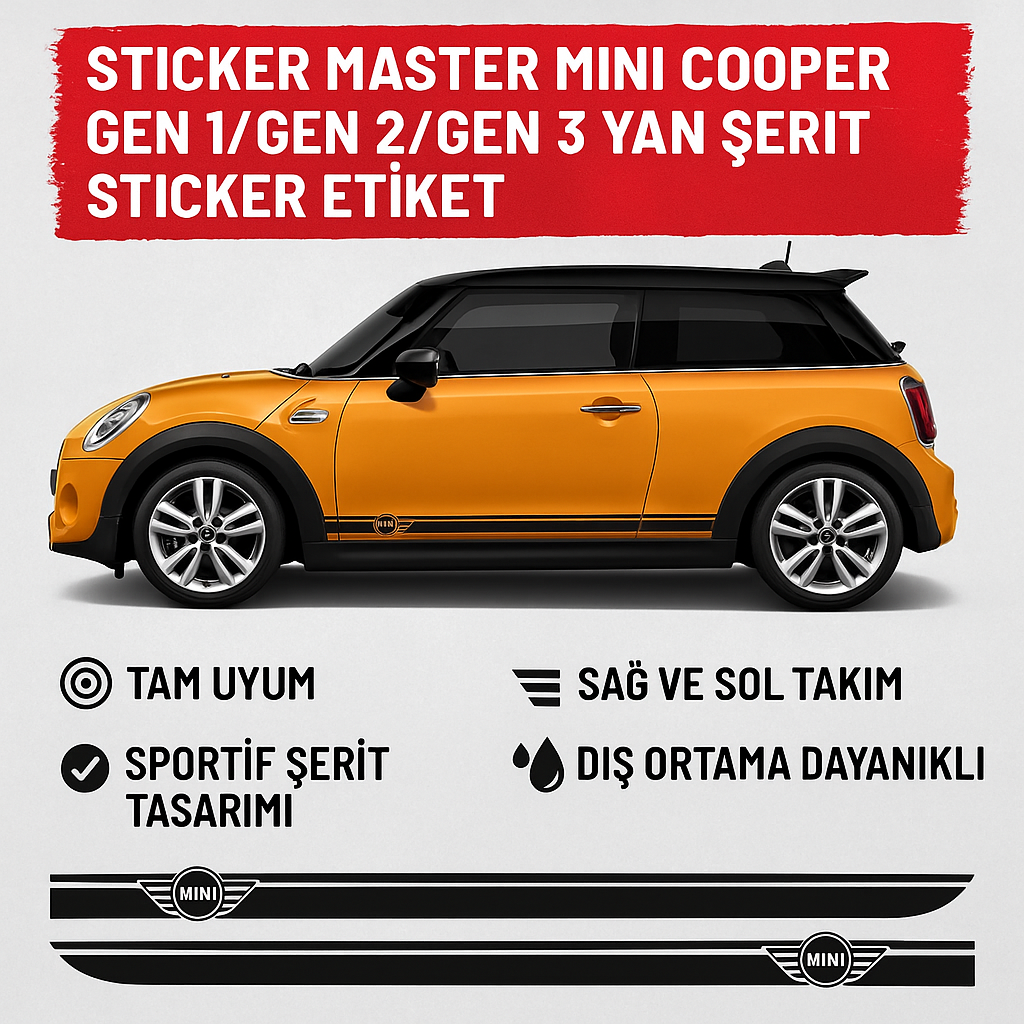 Sticker Master Mini Cooper Gen 1 / Gen 2 / Gen 3 Yan Şerit Sticker Etiket – Sağ ve Sol Takım