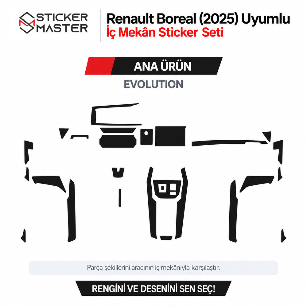 Renault Boreal Evolution 2025 uyumlu iç mekân sticker seti parça şeması
