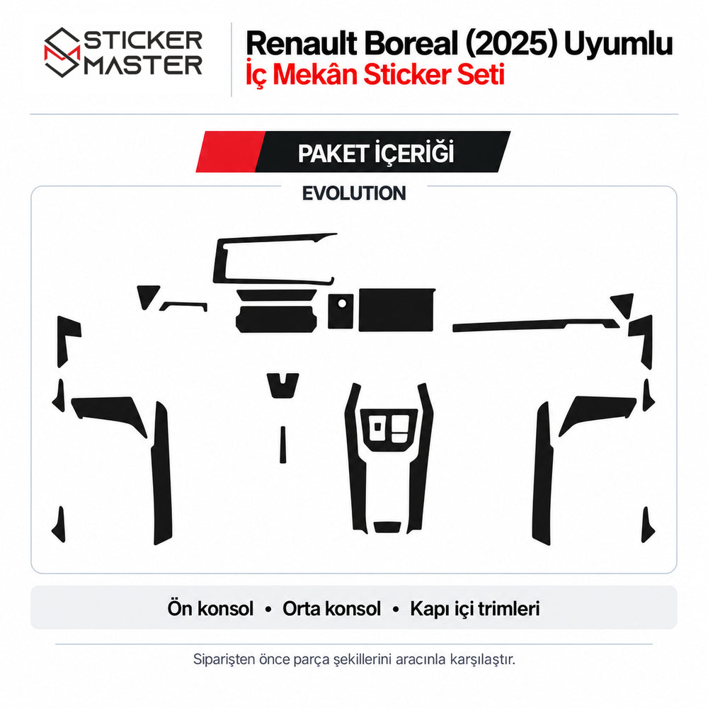 Renault Boreal Evolution 2025 ön konsol, orta konsol ve kapı trimleri sticker seti paket içeriği