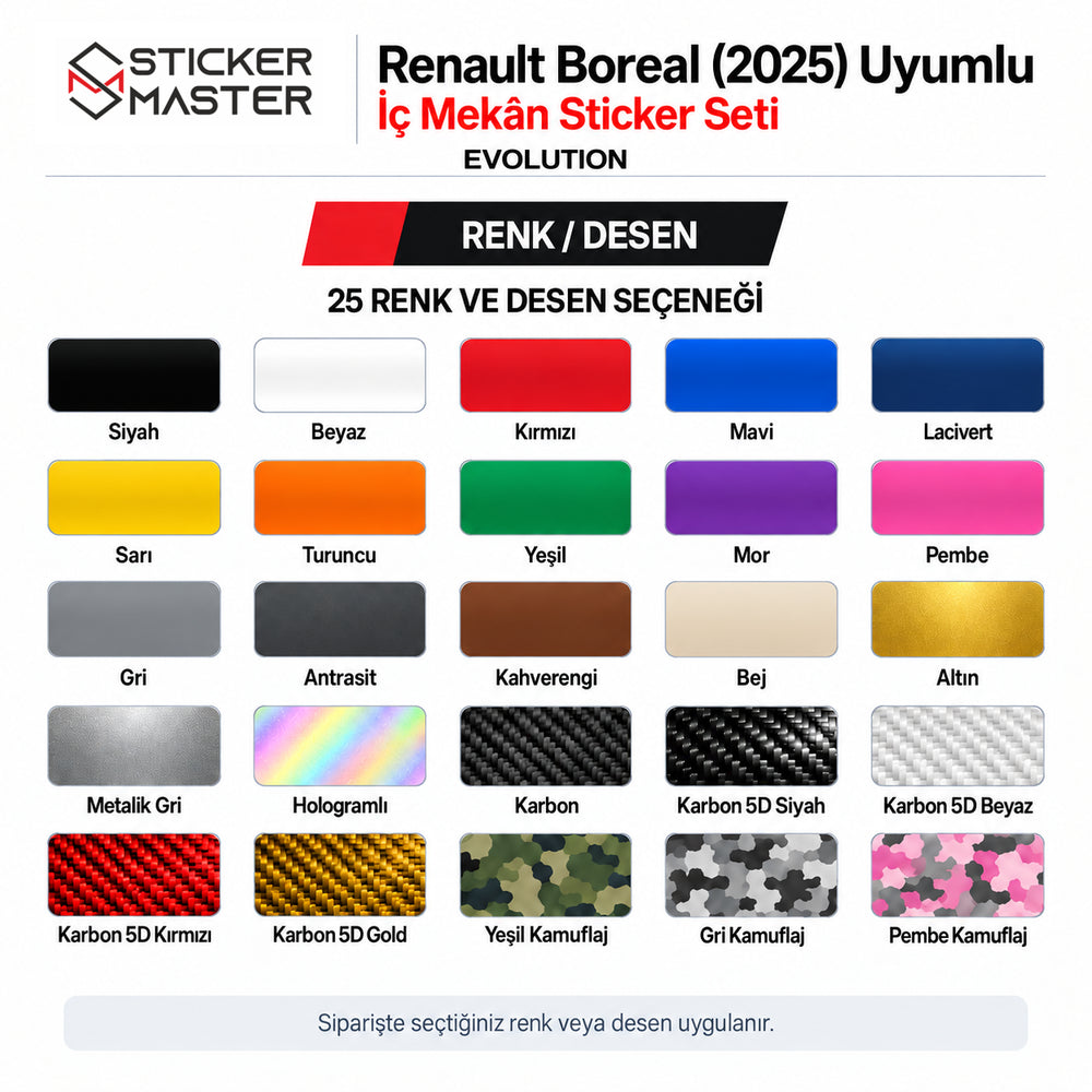 Renault Boreal Evolution 2025 iç mekân sticker seti 25 renk ve desen seçeneği