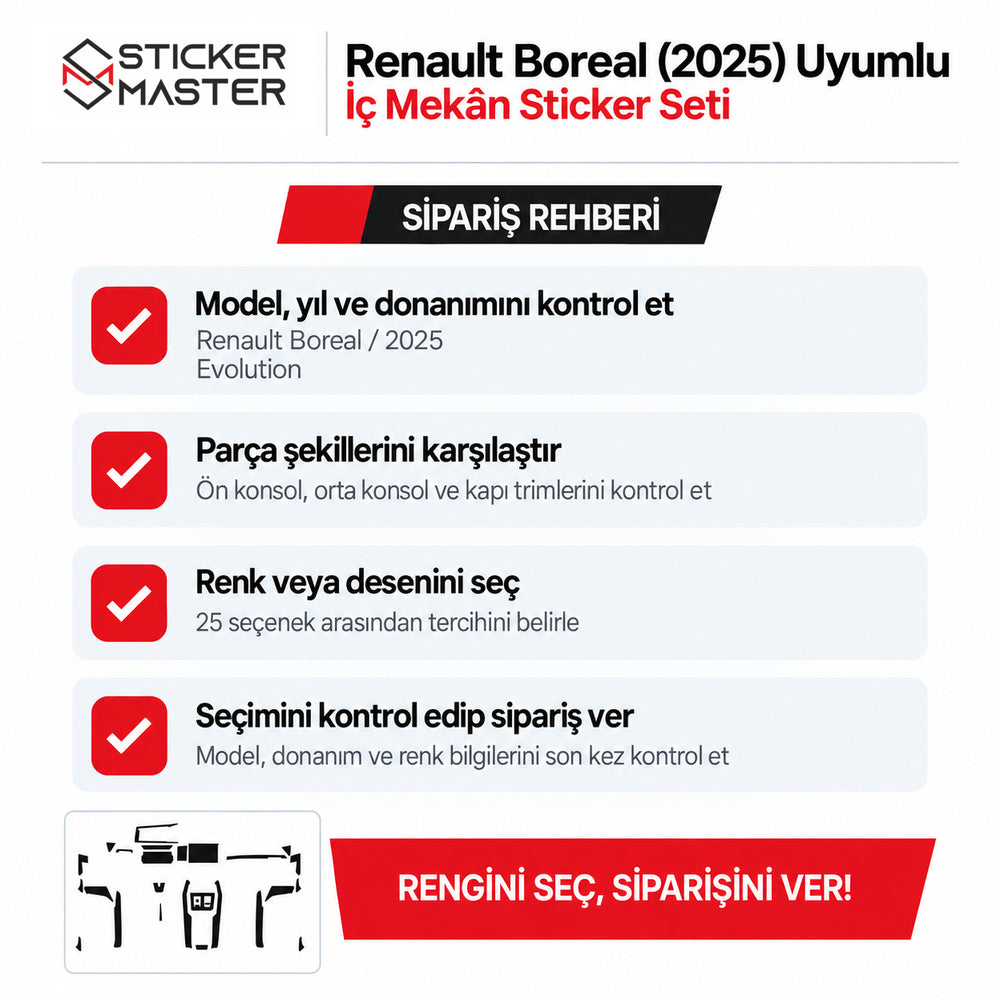 Renault Boreal Evolution 2025 iç mekân sticker seti model, donanım ve renk seçimli sipariş rehberi