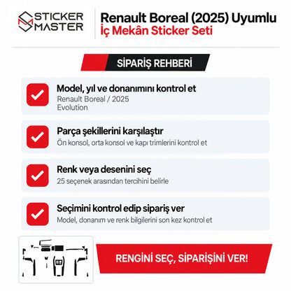 Renault Boreal Evolution 2025 iç mekân sticker seti model, donanım ve renk seçimli sipariş rehberi