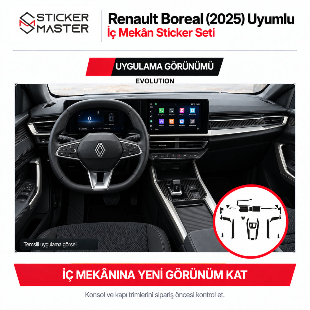 Renault Boreal Evolution 2025 iç mekân karbon desenli temsili uygulama görünümü