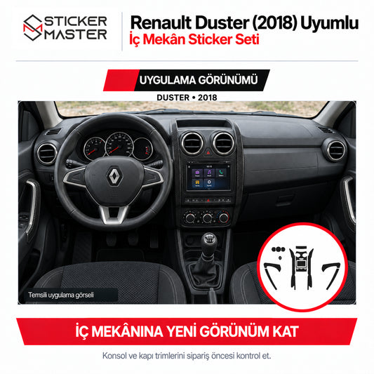 Renault Duster 2018 iki yuvarlak orta menfezli konsolda karbon desenli temsili iç mekân uygulaması