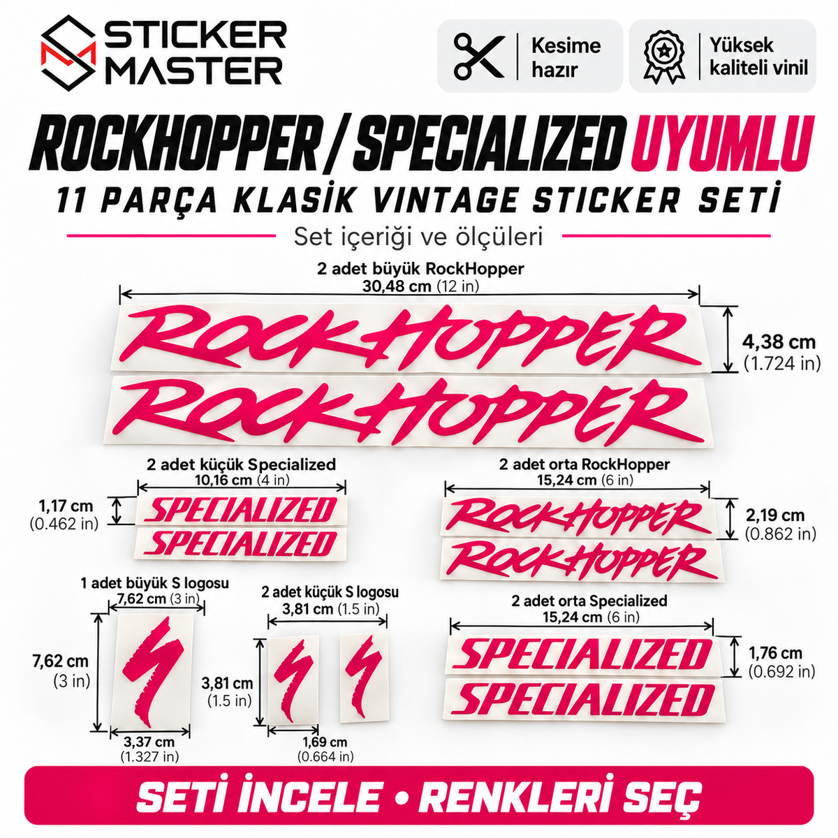 RockHopper Specialized uyumlu 11 parça sticker set içeriği ve ölçüler