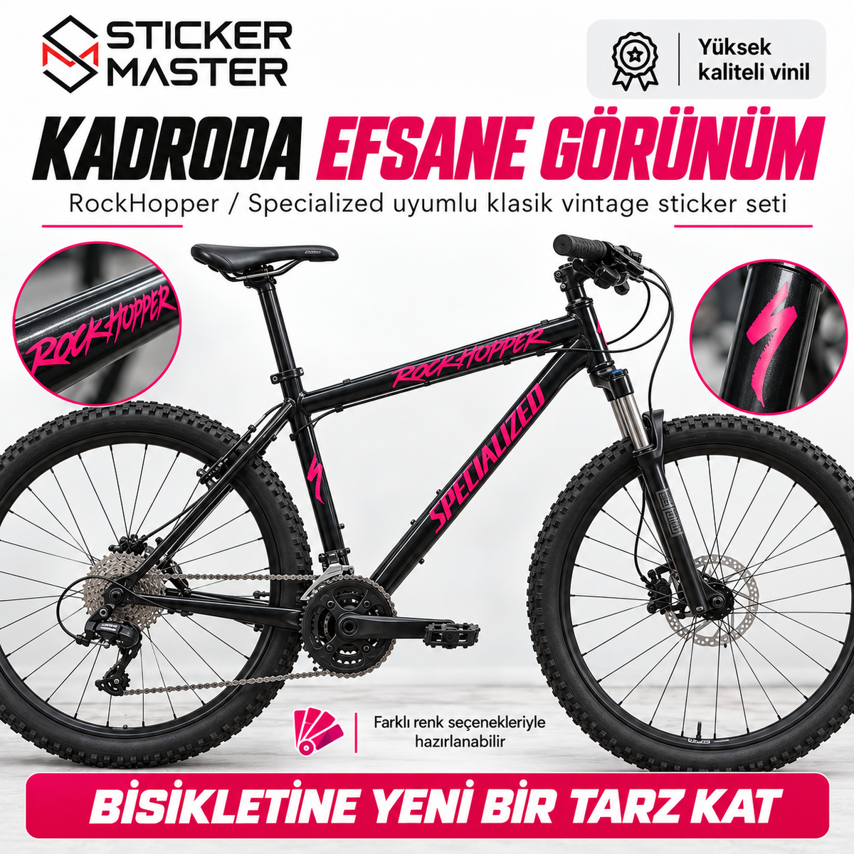RockHopper Specialized uyumlu bisiklet kadro sticker uygulama görünümü