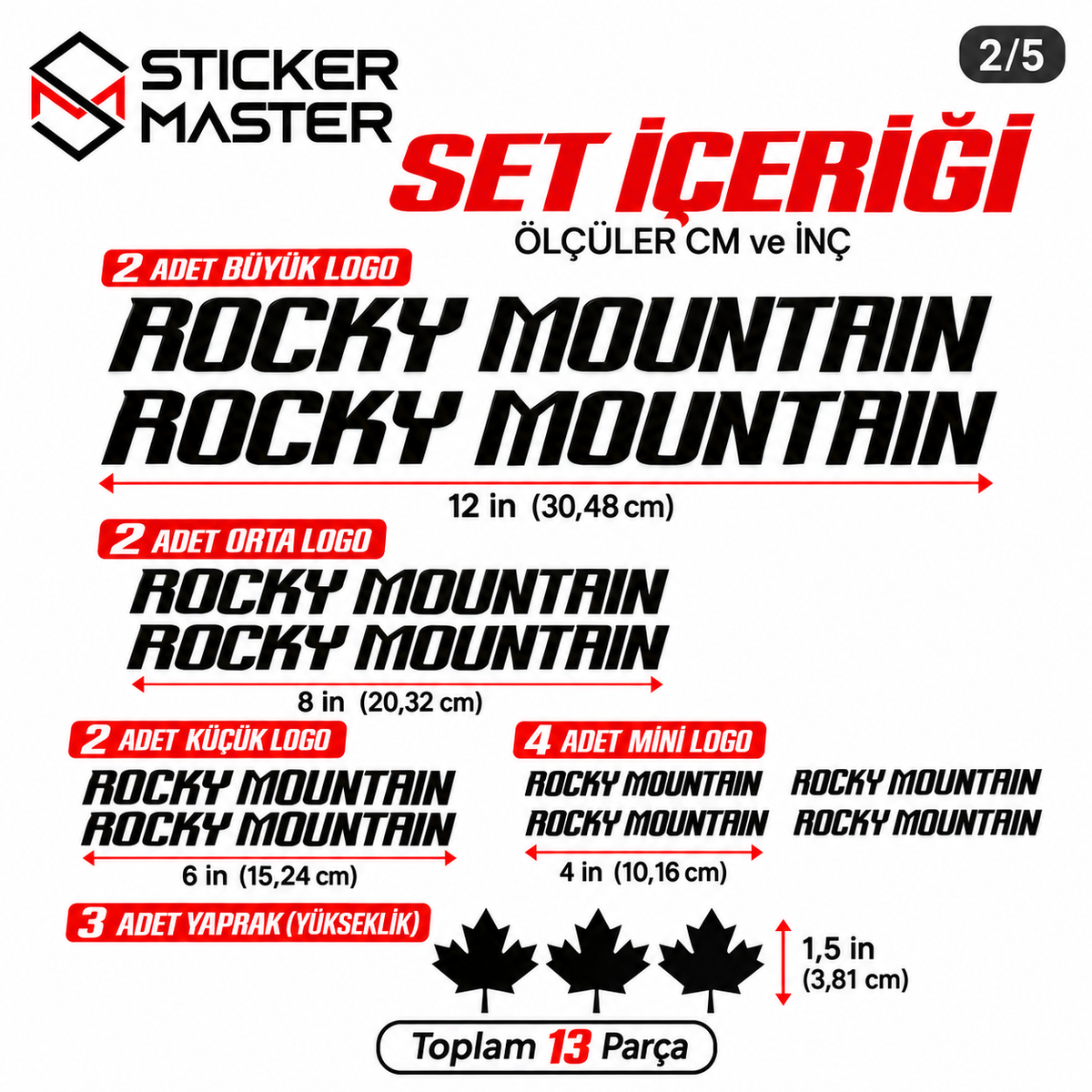 Rocky Mountain sticker set içeriği ve cm inç ölçüleri