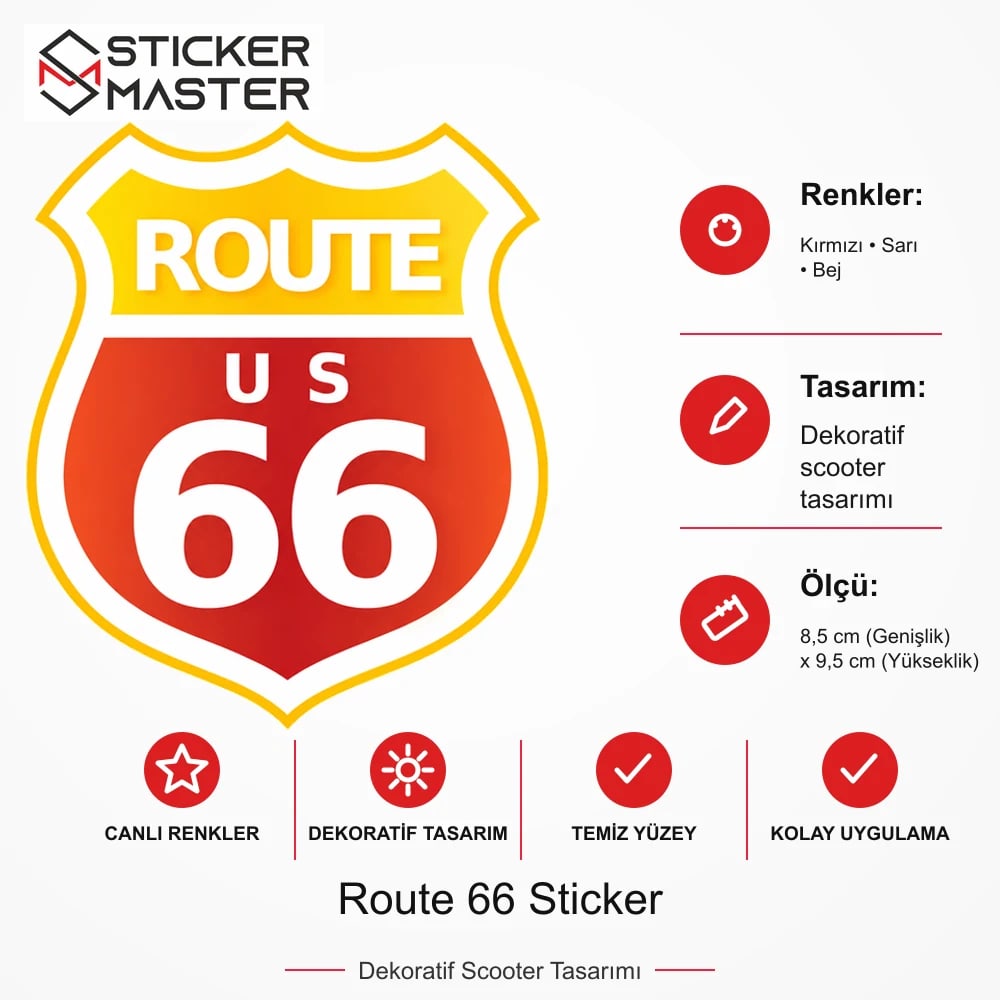 Vespa Uyumlu ROU1 Route 66 Sticker VSP616 ölçü, renk ve ürün bilgisi - 8,5 cm (Genişlik) x 9,5 cm (Yükseklik) - Sticker Master