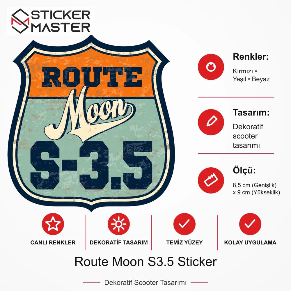 Vespa Uyumlu ROU10 Route Moon S3.5 Sticker VSP1158 ölçü, renk ve ürün bilgisi - 8,5 cm (Genişlik) x 9 cm (Yükseklik) - Sticker Master