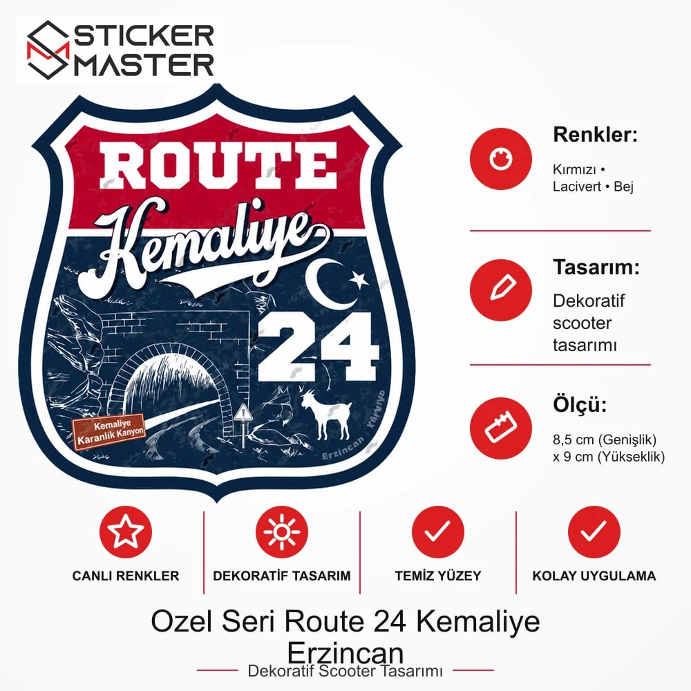 Vespa Uyumlu ROU100 Ozel Seri Route 24 Kemaliye Erzincan Sticker ölçü, renk ve ürün bilgisi - 8,5 cm (Genişlik) x 9 cm (Yükseklik) - Sticker Master