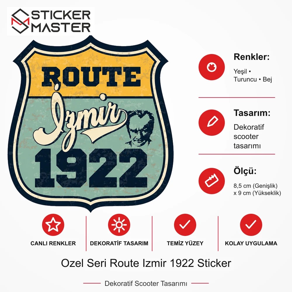 Vespa Uyumlu ROU11 Ozel Seri Route Izmir 1922 Sticker VSP1159 ölçü, renk ve ürün bilgisi - 8,5 cm (Genişlik) x 9 cm (Yükseklik) - Sticker Master