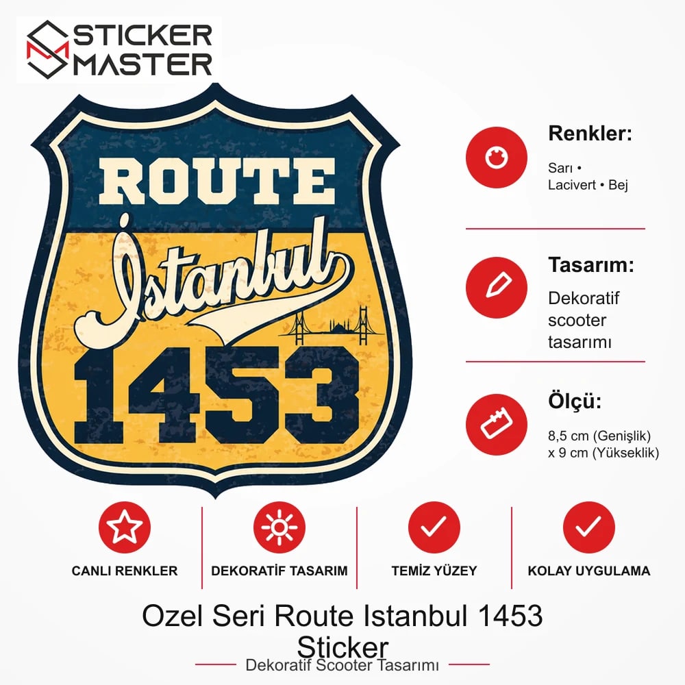 Vespa Uyumlu ROU12 Ozel Seri Route Istanbul 1453 Sticker VSP1160 ölçü, renk ve ürün bilgisi - 8,5 cm (Genişlik) x 9 cm (Yükseklik) - Sticker Master