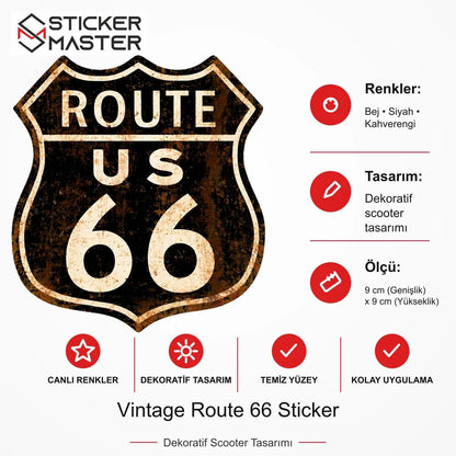 Vespa Uyumlu ROU2 Vintage Route 66 Sticker VSP617 ölçü, renk ve ürün bilgisi - 9 cm (Genişlik) x 9 cm (Yükseklik) - Sticker Master