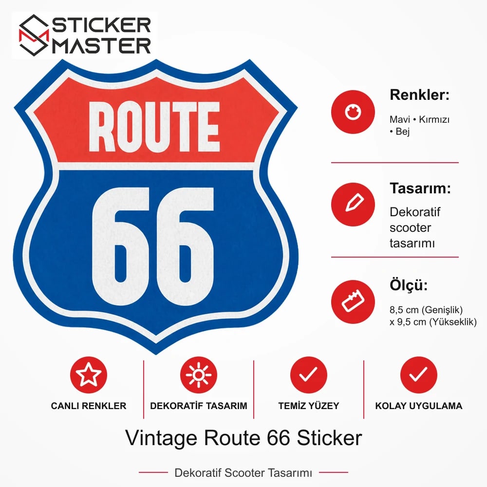 Vespa Uyumlu ROU4 Vintage Route 66 Sticker VSP618 ölçü, renk ve ürün bilgisi - 8,5 cm (Genişlik) x 9,5 cm (Yükseklik) - Sticker Master