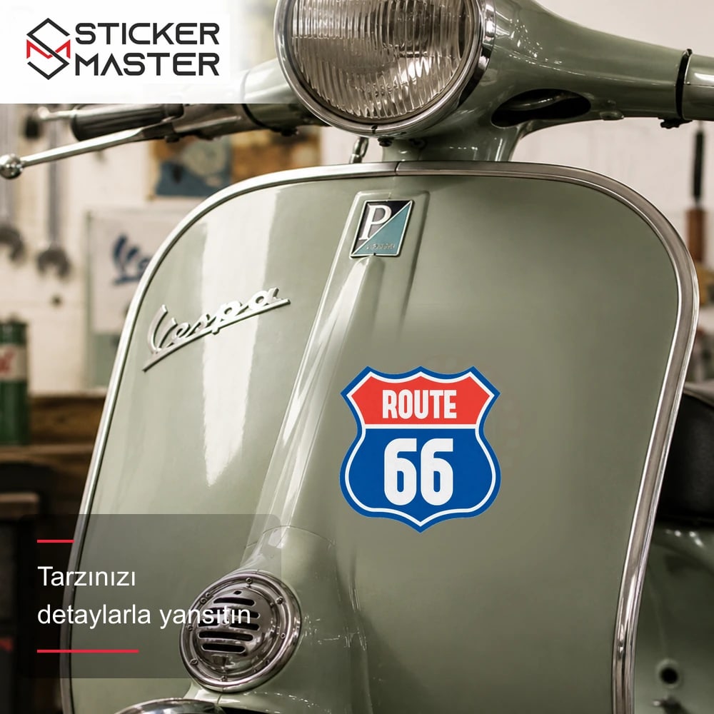 Vespa Uyumlu ROU4 Vintage Route 66 Sticker VSP618 scooter üzerinde uygulama örneği - Sticker Master