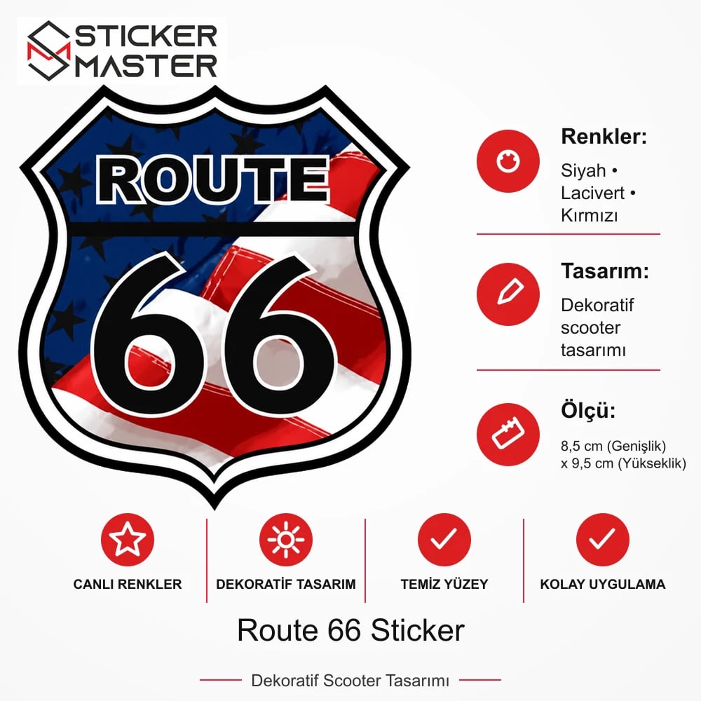 Vespa Uyumlu ROU5 Route 66 Sticker VSP619 ölçü, renk ve ürün bilgisi - 8,5 cm (Genişlik) x 9,5 cm (Yükseklik) - Sticker Master